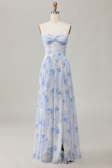 Strapless Blue Flower A-Line Printed Wedding Guest Dress with Slit